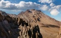 Amazing panoramic landscape of Mount Erciyes. View of the an inactive volcano: mountain range, stony slopes, rocky peaks formed by Royalty Free Stock Photo