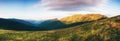 Amazing panoramic landscape in the mountains at sunrise. View of  blossom flowers and wild grass on mountain meadows. Natural land Royalty Free Stock Photo