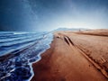 Amazing Panoramic Landscape view of a Milky Way at night sky, with grain