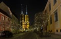 Amazing panoramic night view on beautiful illuminated Cathedral of St. John the Baptist. Ostrow Tumski district. Wroclaw