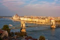 Amazing panoramic view of Budapest from Castle Hill with Danube river, Chain Bridge and Parliament at sunset, Hungary Royalty Free Stock Photo