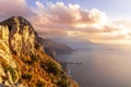 amazing panoramic view from a high rock to sunset or sunrise sea in evening or morning with coastline