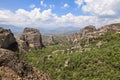 Amazing panoramic view of the Meteora valley in Kalabaka, Trikala, Thessaly, Greece. Royalty Free Stock Photo
