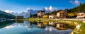 Amazing panoramic view of Misurina Lake and mountain range. Location: Lake Misurina, Dolomites Alps, South Tyrol, Italy, Europe. Royalty Free Stock Photo