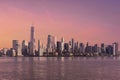 Amazing panoramic view of New York City skyline and skyscraper at sunset. Beautiful view of downtown Manhattan