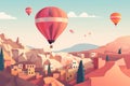 Amazing panoramic view rocky landscape in Cappadocia with colorful hot air balloon deep canyons, valleys. Concept banner