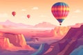 Amazing panoramic view rocky landscape in Cappadocia with colorful hot air balloon deep canyons, valleys. Concept banner