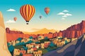 Amazing panoramic view rocky landscape in Cappadocia with colorful hot air balloon deep canyons, valleys. Concept banner