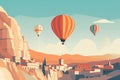 Amazing panoramic view rocky landscape in Cappadocia with colorful hot air balloon deep canyons, valleys. Concept banner