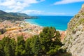 Amazing panoramic view of Sicilian city Cefalu located on the Tyrrhenian coast taken from a view point. The beautiful city Royalty Free Stock Photo