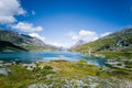 Amazing panoramic view of summer mountain landscape. Mountain lake in Swiss Alps. Sunny day in nature