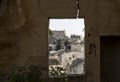 Window in abandoned house with view towards Matera,, Italy Royalty Free Stock Photo