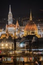 Amazing photo about the budapest night with the Mathias churc and the Hungarian Parliament Royalty Free Stock Photo