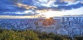 Amazing photo with Montreal downtown at sunrise. Amazing view from Belvedere with colorful leaves. Stunning panorama of Montreal