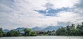 Amazing picture of green mountain landscape with blue sky and white clouds. Great nature scenery of green mountain range under Royalty Free Stock Photo