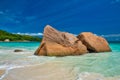 Amazing picturesque paradise beach with granite rocks and white sand, turquoise water on a tropical landscape, Seychelles