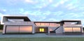 Amazing pink sunrise reflects in windows of contemporary luxury house. 3d render. Royalty Free Stock Photo