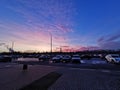 Amazing pink sunset with the blue sky, Dolgoprudniy, Moscow, Russia