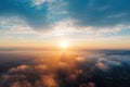 Amazing plane Aerial view 180 degrees panoramic of Morning sunrise above the clouds in the sky with copy space