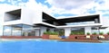 Amazing pool side of the contemporary country dwelling. Comfortable furniture in a relax zone. Long stylish balcony, 3d rendering