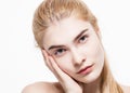 Amazing portrait of a beautiful young woman blond hair with perfect skin closeup Royalty Free Stock Photo