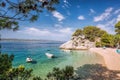 Amazing Punta Rata beach with boats against azure sea in Brela, Makarska, Dalmatia, Croatian azure coast