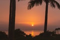 Amazing purple evening sky over Indian ocean. Idyllic sunset over tropical beach with palm trees silhouettes. Royalty Free Stock Photo