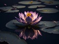 Amazing Purple water lily blooming on dark pond have yellow pollen in center with reflection in pond Royalty Free Stock Photo