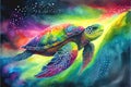 Amazing rainbow green sea turtle swimming