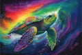 Amazing rainbow green sea turtle swimming