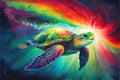 Amazing rainbow green sea turtle swimming