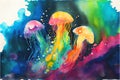 Amazing rainbow three jellyfish swimming