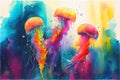 Amazing rainbow three jellyfish swimming