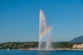 Amazing rainbow view of fountain Jet D`eau on Lake Geneva, Switzerland Royalty Free Stock Photo