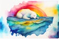 Amazing rainbow white baby polar bear cub sleeping on melting ice iceberg