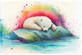 Amazing rainbow white baby polar bear sleeping on melting ice iceberg Royalty Free Stock Photo