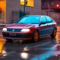 Amazing red car standing on the wet road generative AI