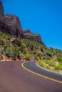 Amazing red road across the Zion National Park in summer season, USA Royalty Free Stock Photo