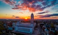 Amazing red sunset view over the Kaunas Lord Jesus Christs Resurrection Basilica