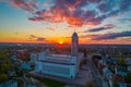 Amazing red sunset view over the Kaunas Lord Jesus Christs Resurrection Basilica