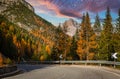 Amazing road through the Dolomites mountains at sunset, Italy