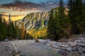 Amazing road through the Dolomites mountains at sunset, Italy