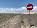 Amazing road sign among the steppe in the Aktau mountain range at the Altyn Emel National Park panel, Kazakhstan Royalty Free Stock Photo