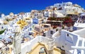 Amazing romantic Santorini island, bright Sunny day with lots of tourists everywhere, Greece, Europe