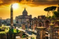 Amazing ruins of the Roman Forum at sunset, Rome. Italy