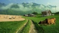 Amazing rural view in the mountains. Rustic path in a green field with hay, cow and wooden houses with a sheep. Village landscape