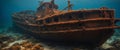amazing rusty sunken ship under the sea in the depths. Royalty Free Stock Photo