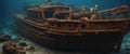amazing rusty sunken ship under the sea in the depths. Royalty Free Stock Photo