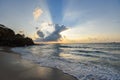 Amazing sandy tropical beach with silhouette of the beach tropical - sunrise or sunset sea dramatic sky Royalty Free Stock Photo