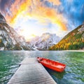 Amazing scenery of famous alpine lake Braies at autumn